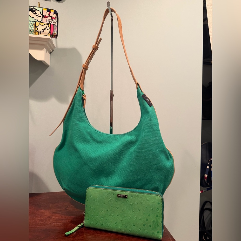 Kate Spade Saturday Green Canvas  Hobo Bag w/ Kate Spade wallet